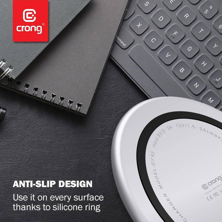 Caricabatterie wireless rapido Crong PowerSpot – Caricabatterie wireless Qi USB-C in alluminio da 15 W con rivestimento in vetro temperato (argento bianco)