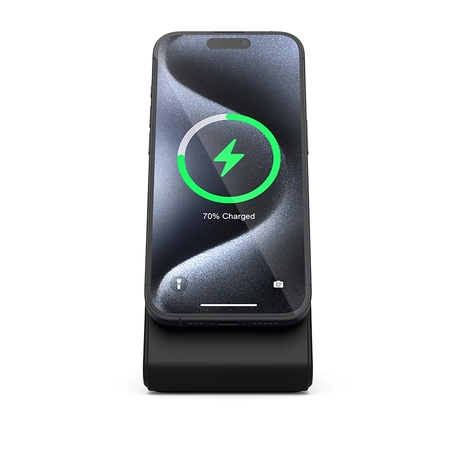 Crong MagSpot стойка - 2-в-1 безжично зарядно с MagSafe за iPhone и AirPods (черна)