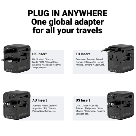 Adapter Podróżny Crong One World Travel Ładowarka Sieciowa GaN 45W UK/EU/US/AU Czarny