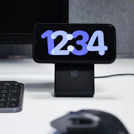 Crong MagSpot Stand - Cargador inalámbrico 2 en 1 con MagSafe para iPhone y AirPods (negro)