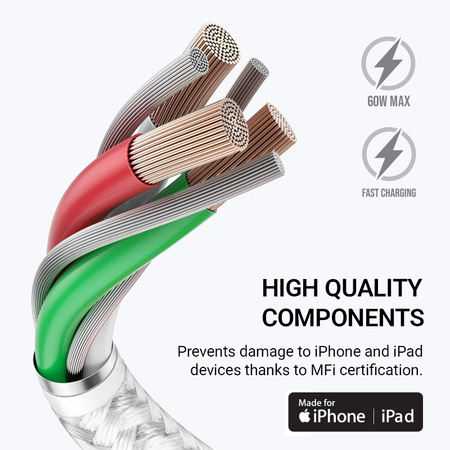 Kabel USB C Lightning Crong Armor Link Szybkie Ładowanie MFi Biały 1.5m