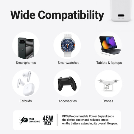 Crong Ultra Compact GaN - USB-C 45W PD 3.0 зарядно за стена с PPS (бяло)