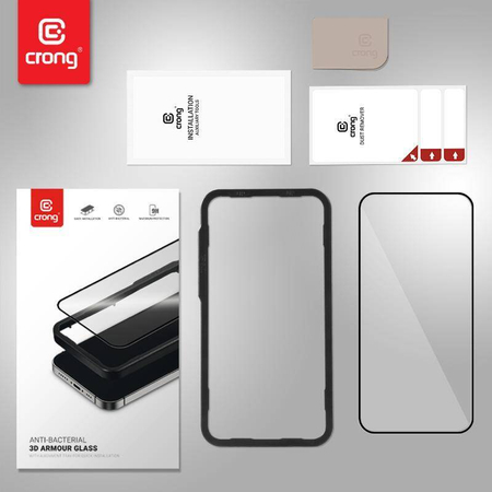 Crong Anti-Bacterial 3D Armor Glass - Vidrio templado 9H para pantalla completa de iPhone 14 Pro + Marco de instalación