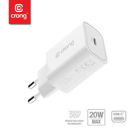 Szybka Ładowarka Sieciowa USB C Power Delivery 20W Crong USB-C Travel Charger Kompaktowa Biała
