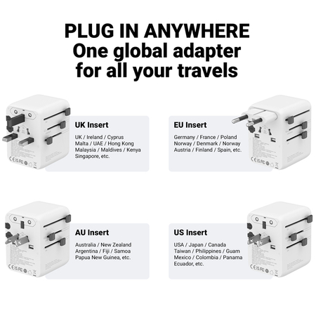 Adaptador de viaje universal Crong One World – Adaptador de viaje GaN de 45 W para Reino Unido/UE/EE. UU./AU (Blanco)
