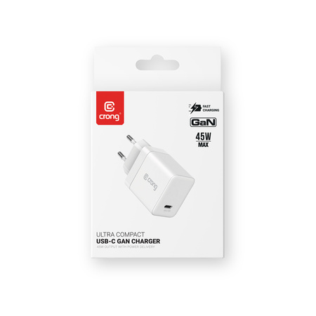Crong Ultra Compact GaN - USB-C 45W PD 3.0 зарядно за стена с PPS (бяло)