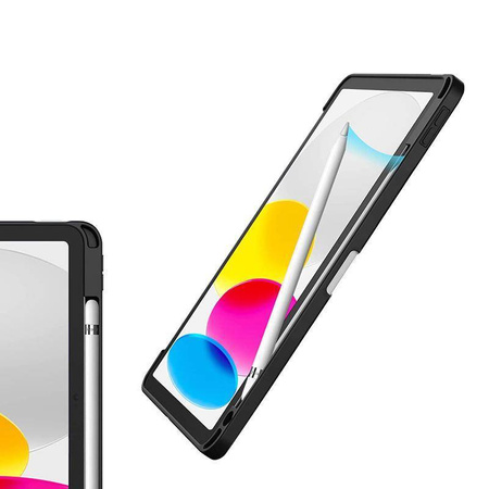 Husă Crong PrimeFolio pentru iPad 11" (2025) / iPad 10.9” (2022) cu suport și spațiu de depozitare pentru Apple Pencil (negru/transparent)