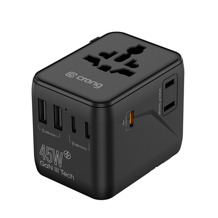 Adapter Podróżny Crong One World Travel Ładowarka Sieciowa GaN 45W UK/EU/US/AU Czarny