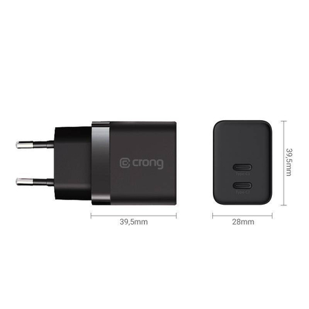 Încărcător de perete Crong Ultra Compact GaN - 2x USB-C 35W PD 3.0 cu PPS (Negru)
