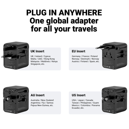 Crong One World Travel Adapter – Universal GaN Travel Adapter 45W UK/EU/US/AU (Black)