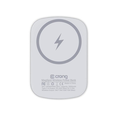 Crong MagSpot Power Bank - Ултра тънка безжична външна батерия с MagSafe 5000mAh, USB-C 20W PD (бяла)