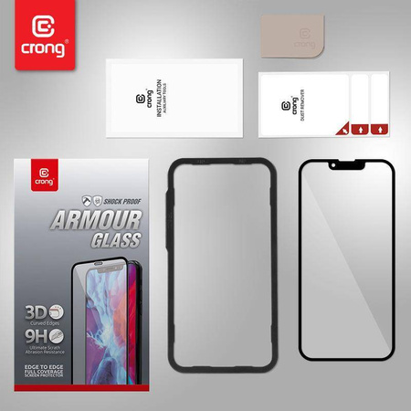 Crong Anti-Bacterial 3D Armour Glass - 9H tvrzené sklo přes celou obrazovku pro iPhone 14 / iPhone 13 / iPhone 13 Pro + instalační rámeček