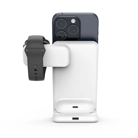 Suport pivotant Crong MagSpot - Încărcător wireless 3 în 1 cu MagSafe pentru iPhone, Apple Watch și AirPods (alb)