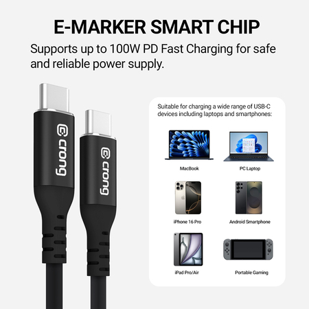 Crong Soft Link - Cable USB-C a USB-C de 100 W, 5 A, 120 cm (negro)