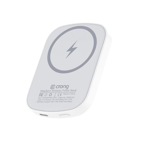 Crong MagSpot™ Power Bank - bezdrátová powerbanka s MagSafe 5000mAh, USB-C 20W PD (bílá)