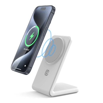 Crong MagSpot Stand - Cargador inalámbrico 2 en 1 con MagSafe para iPhone y AirPods (Snow White)