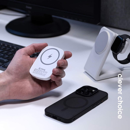 Banco de energía Crong MagSpot: banco de energía inalámbrico ultrafino con MagSafe de 5000 mAh, USB-C de 20 W (blanco)