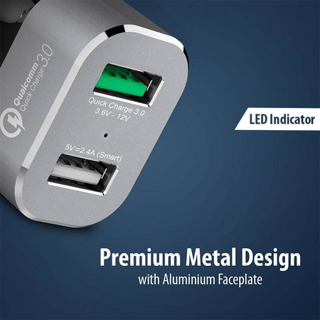 Caricabatteria da auto Crong Power 30W - Caricabatteria da auto USB QuickCharge 3.0 + USB 2.4A (alluminio)