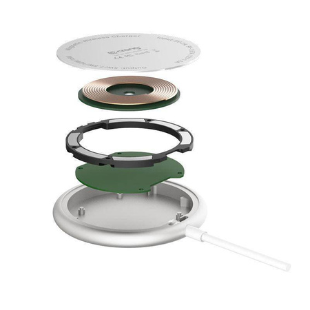 Cargador inalámbrico Crong MagSpot – Cargador inductivo MagSafe de aluminio de 15 W (blanco plateado)