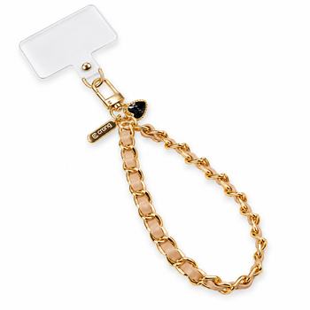 Crong Phone Charm Beige Twist – telefono dirželis ant riešo su aukso spalvos grandinėle